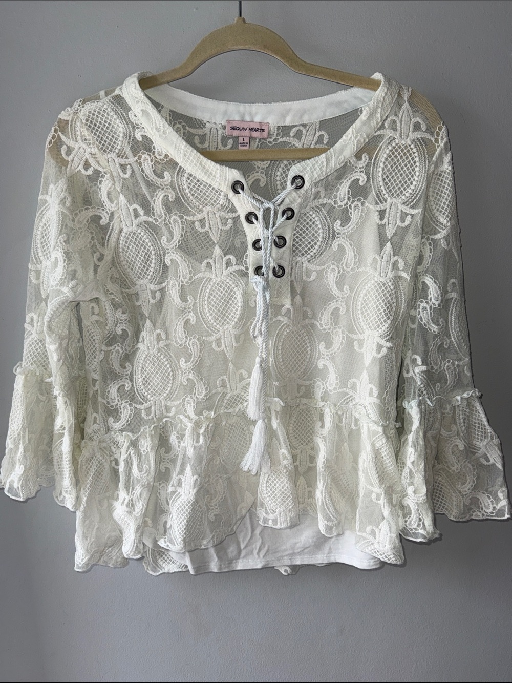 Sequin Hearts White Fairy Lace Peasant Tunic with Tassel Tie